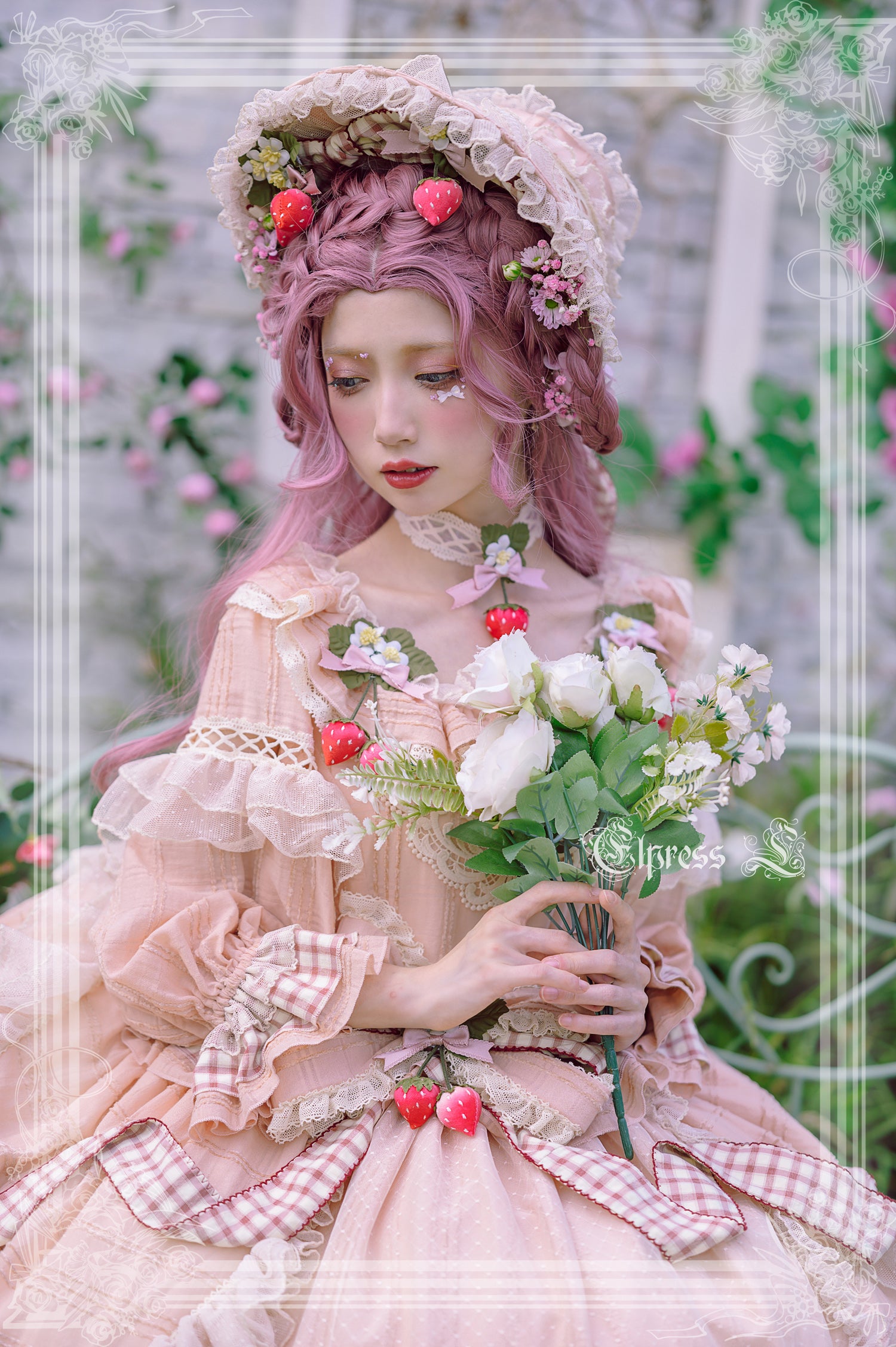 Elpress L~Peach Fragrance~Country Lolita Multicolors Strawberry Lolita OP Dress 3022:29637