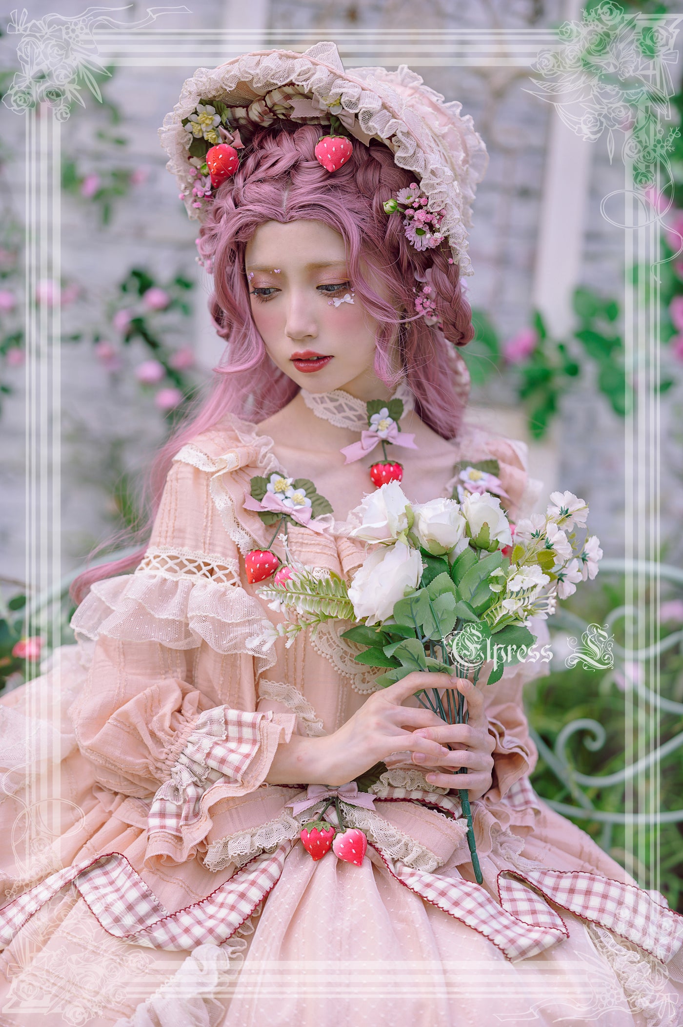 Elpress L~Peach Fragrance~Country Lolita Multicolors Strawberry Lolita OP Dress   