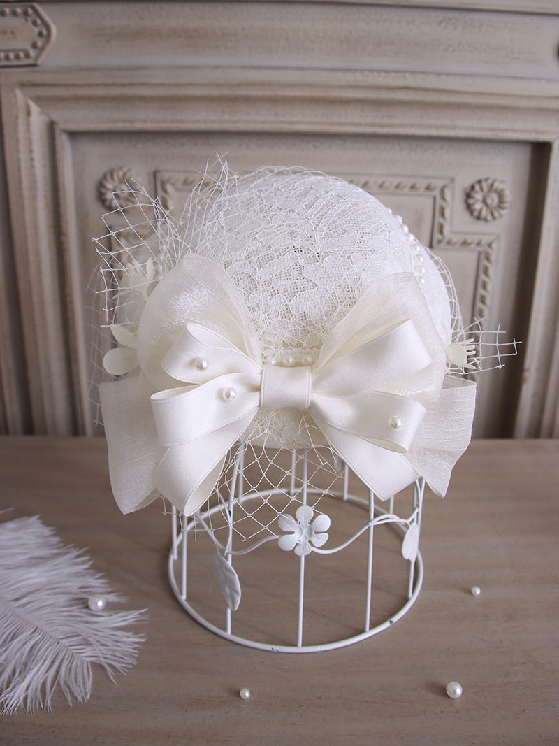 Alice Girl~Zhijian Flower~Bow-tied Elegant Lolita Top Hat free size ivory 