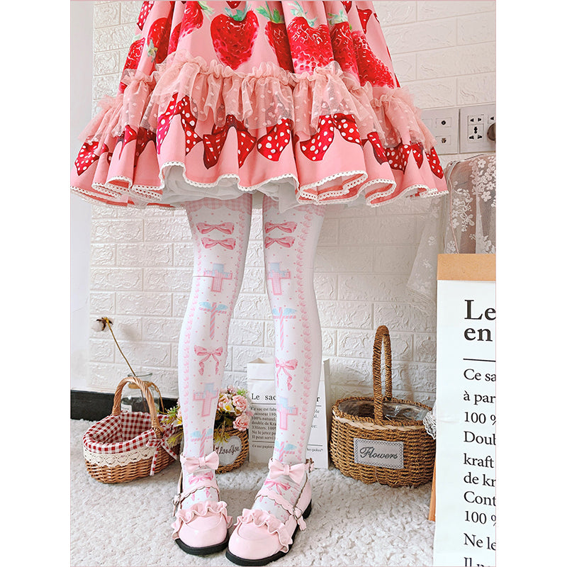 Roji roji~Sweet Bow Lolita Thigh stockings free size pink 