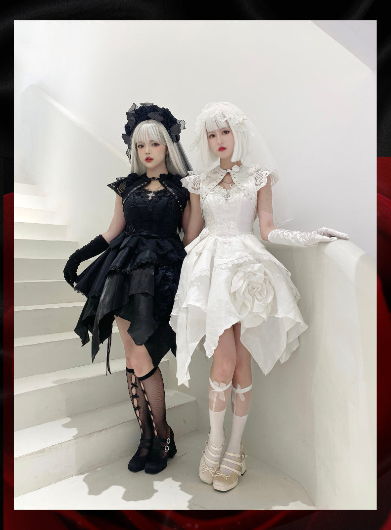 (Buyforme)Bloodthirst Rose~Lolita 3D Rose Dress Gothic Irregular JSK S pure white 