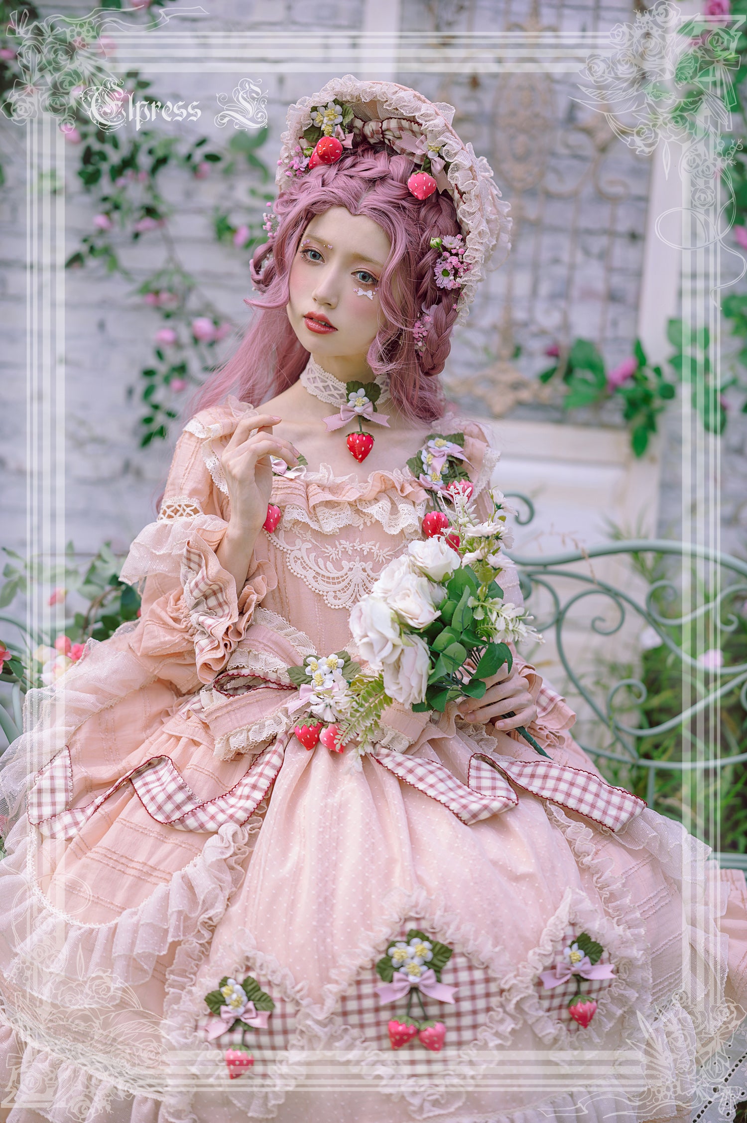 Elpress L~Peach Fragrance~Country Lolita Multicolors Strawberry Lolita OP Dress 3022:29639