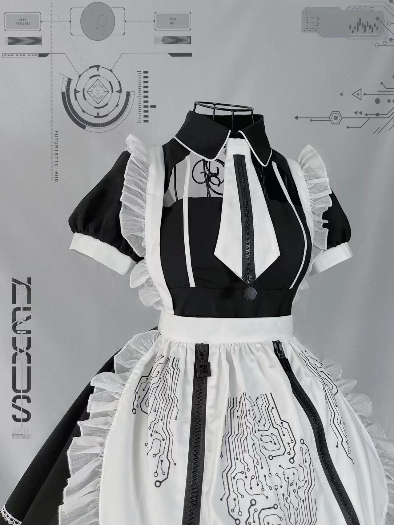 YourHighness~Circuit Board~Gothic Maid Lolita OP XS black short sleeve+white apron and tie 