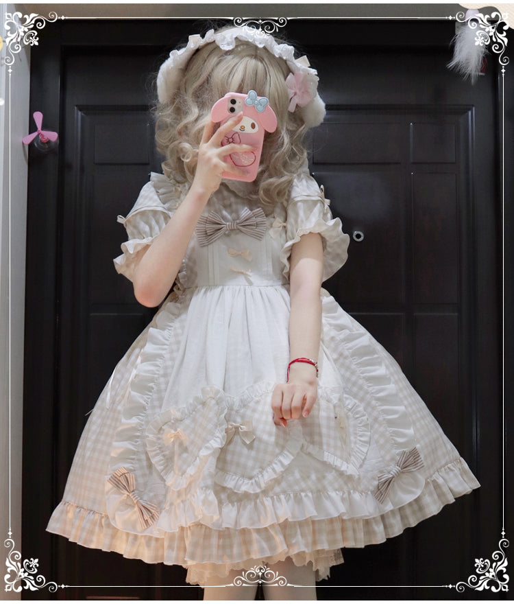 Alice Bunny Lolita Short Sleeve OP Dress S apricot short sleeve OP+apron 
