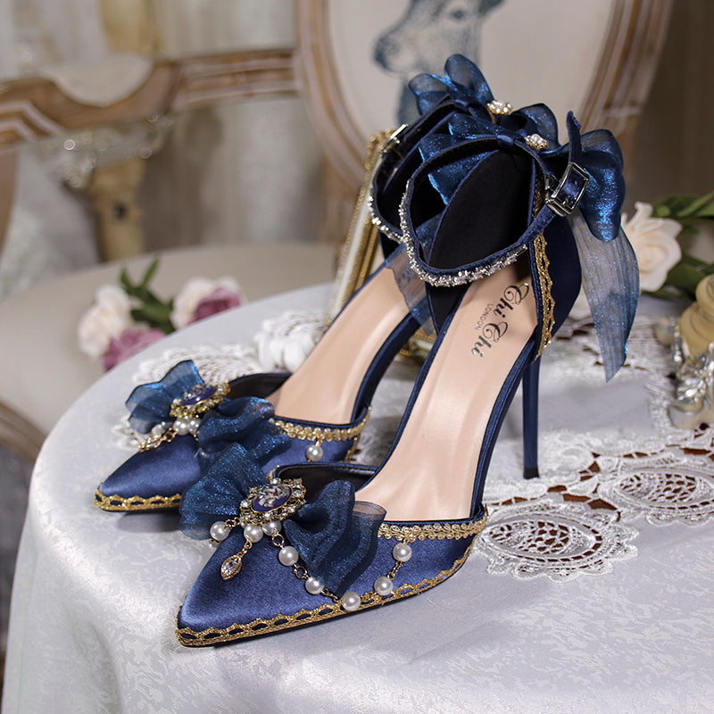 One Night - Flower Wedding Pointed Toe High Heels 34 dark blue (8cm)