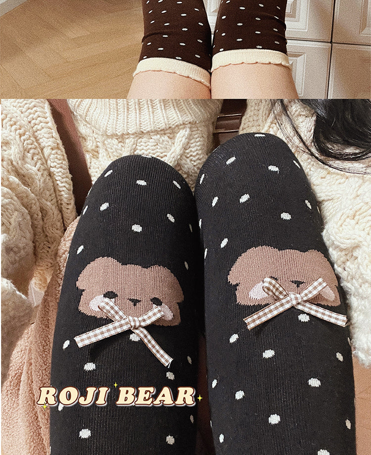 Roji roji - Bear Dots Bow Cotton Lolita Thigh Stockings One Size(over knee) black