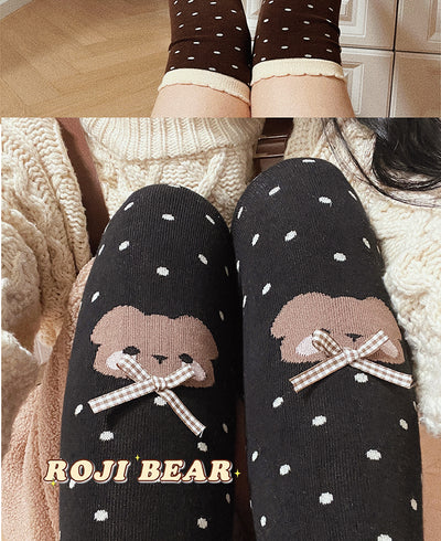 Roji roji~Bear Dots Bow Cotton Lolita Thigh Stockings free size(over knee) black 