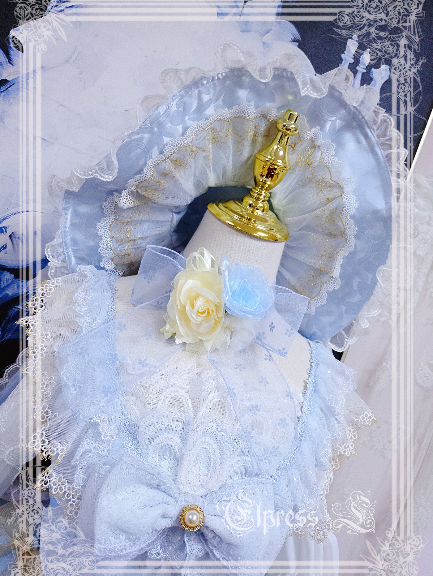Elpress L~Christmas Flower Hairpins Lolita Mesh Veil KC Bonnet blue choker 
