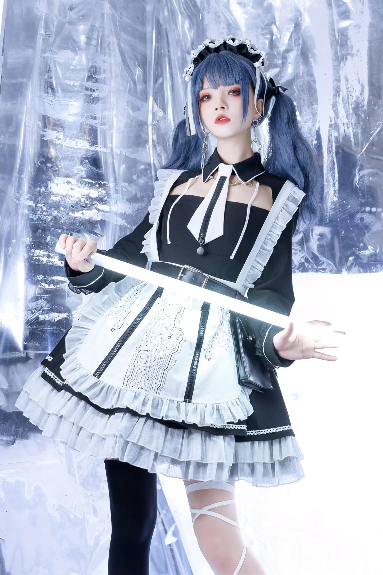 YourHighness~Circuit Board~Gothic Maid Lolita OP XS black long sleeve+white apron and tie 