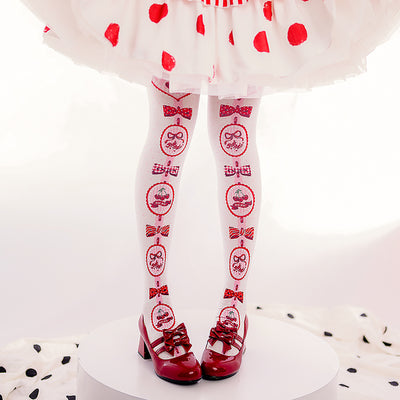 Roji roji~Cherry Pie Printed Velvet Lolita Tights free size white 
