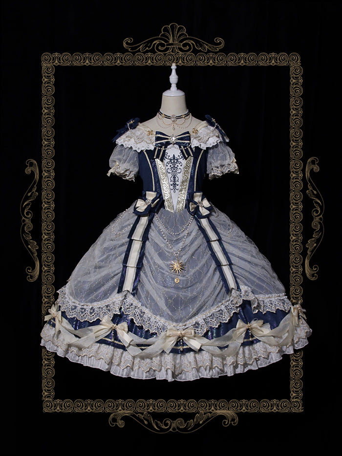 Alice Girl~Palace Retro Lolita Dress~Girl Anniversary Short Sleeve OP navy blue (long gorgeous version) S 