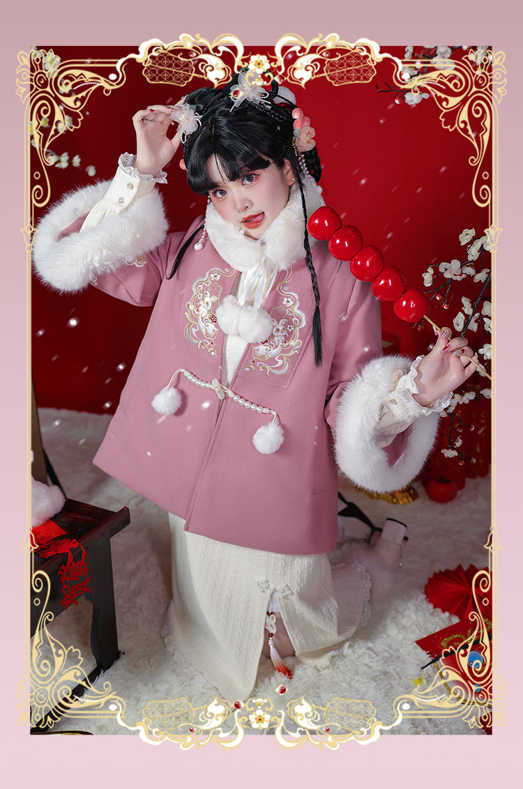 Yingtang~Plus Size Han Lolita Winter Rabbit Cheongsam Set XL pink rabbit-fur coat 