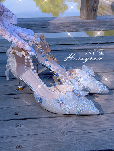 Hexagram~Mermaid~Plush Size Wedding Lolita Shoes 31 sea blue 6.5cm 