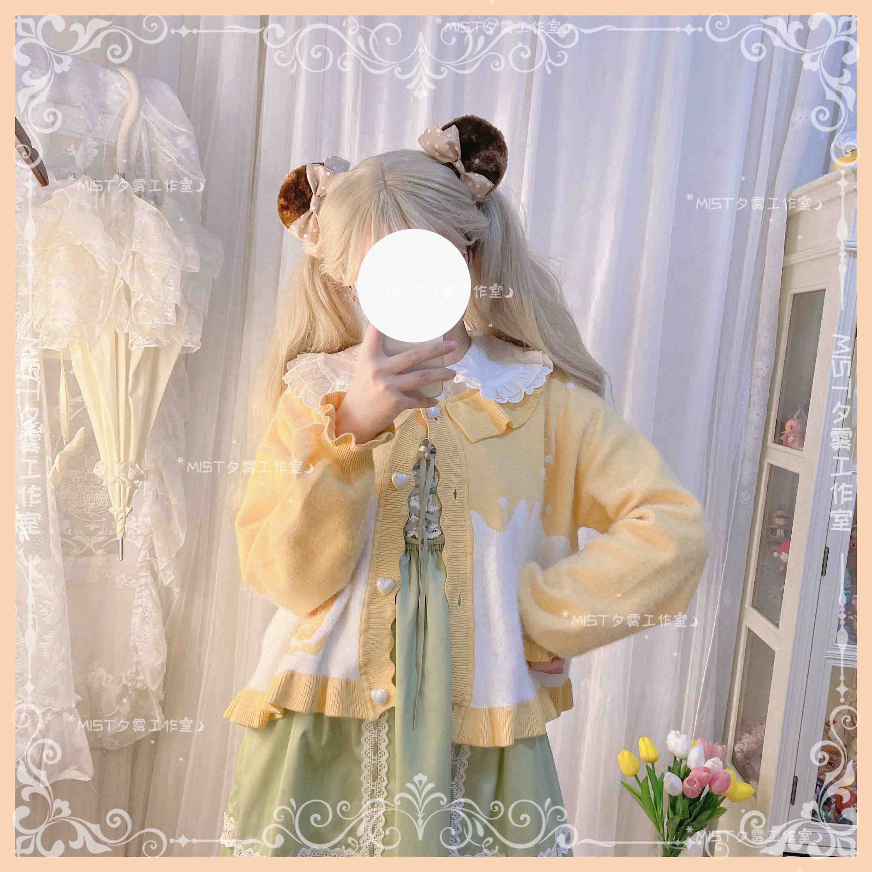 MIST - Beating Heart - Sweet Lolita Thick Sweater Coat Puff Sleeve S butter yellow