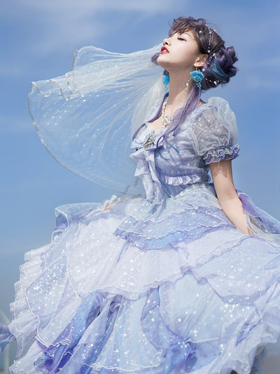 Fantastic Wind~Girl from the Deep Sea~KiraKira Chiffon Gauze Lolita Skirt S blue and purple（sliver gauze） 