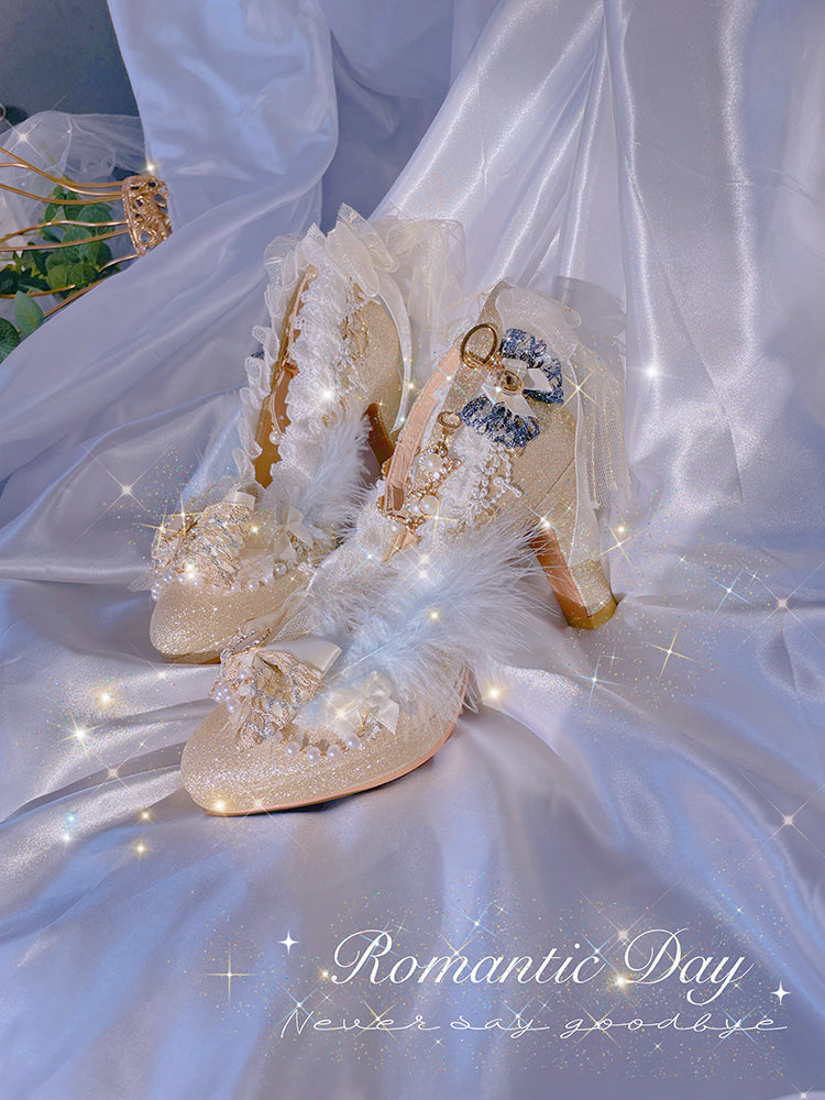 Hexagram~Handmade Fairy Round Toe Wedding Lolita Shoes 33 champagne gold and blue high heels 