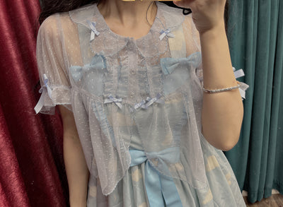 Little Dipper~Floral Mesh Short Sleeve Lolita Top Multicolors XXL blue grey 