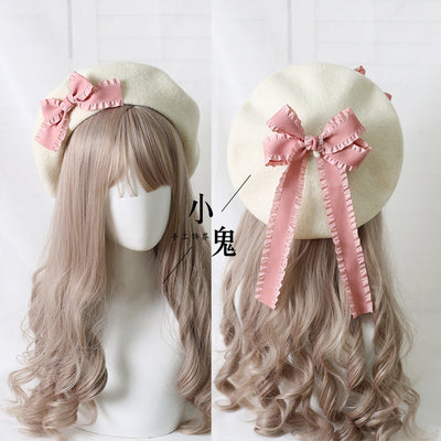 Xiaogui - Sweet Bow Multicolors Lolita Wool Beret M（56-58cm） milk white hat with Korea pink bows