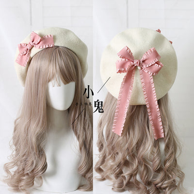 (BuyForMe) Xiaogui~Sweet Bow Multicolors Lolita Wool Beret M（56-58cm） milk white hat with Korea pink bows 