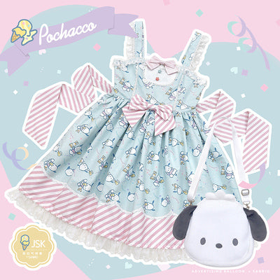 Confession Ballon~Sanrio Pudding Dog Print Kawaii Lolita Jumper Dress S Pochacco JSK (blue X pink) free gift bag+socks 