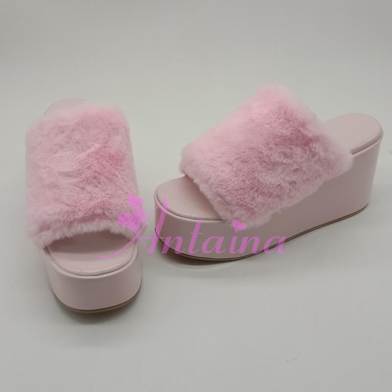 Antaina ~ Kawaii Lolita Pink Slipper Rabbit Fur Shoes   