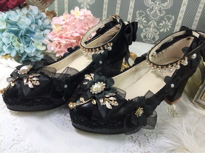 One Night~Wedding Lolita Floral Pointed Toe Heels 34 black 