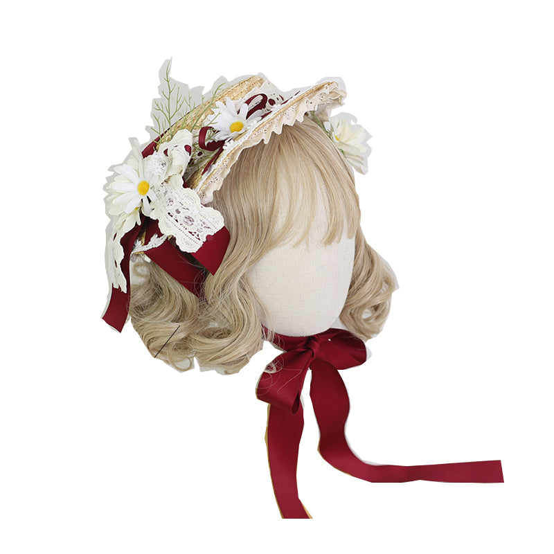 (BuyForMe) Xiaogui~Flower Lolita Tea Party Straw Hat Suitable for both adults and children (with clips) dark red 