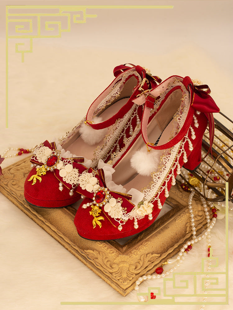 Hexagram~Handmade Chinese Style Qi Lolita Shoes 34 Chinese red (8cm) 