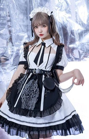 YourHighness~Circuit Board~Gothic Maid Lolita OP XS white short sleeve+black apron and tie 