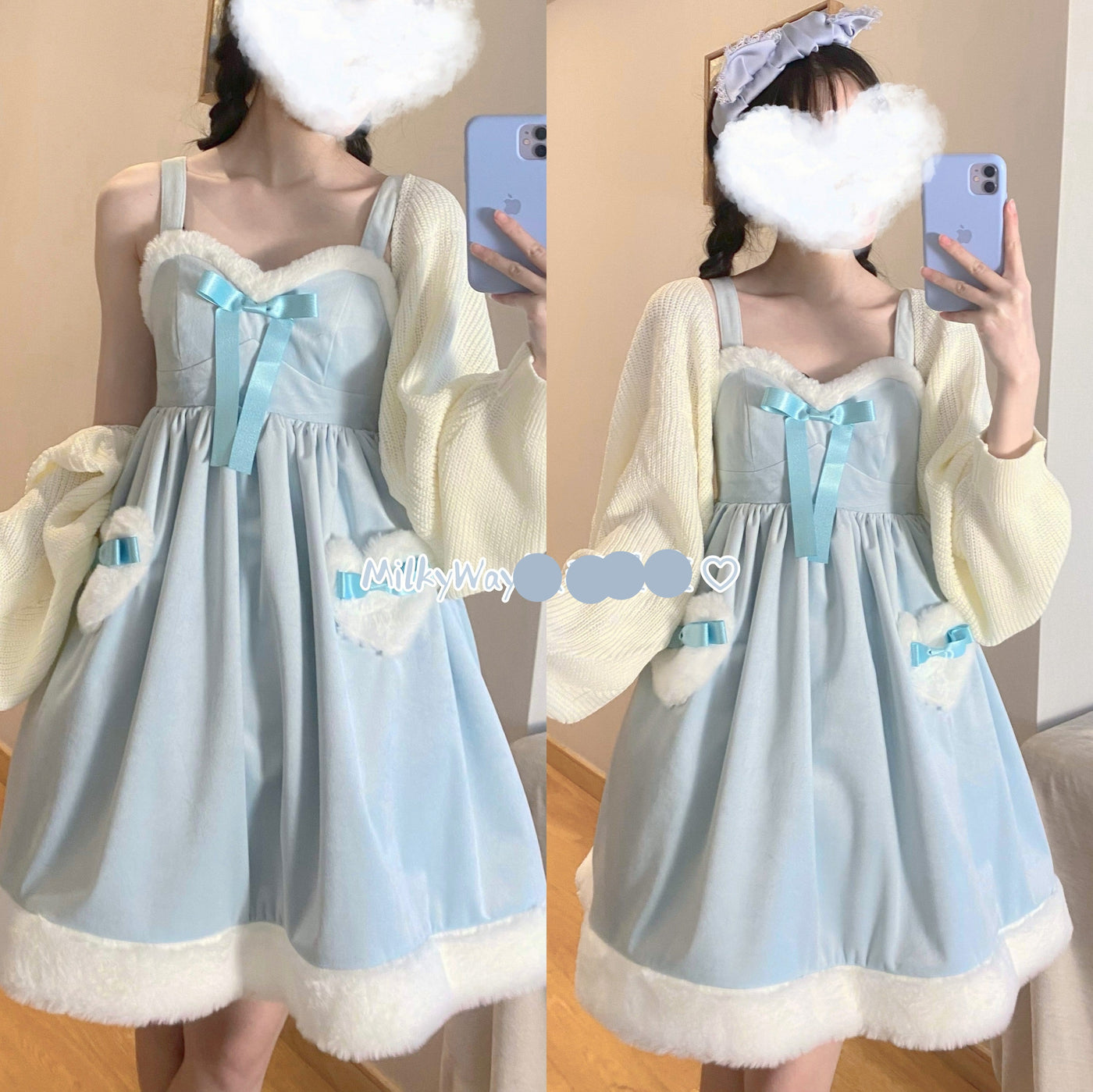 Milky Way~Christmas Snow Lolita JSK Dress Free size blue with solid color ribbon 