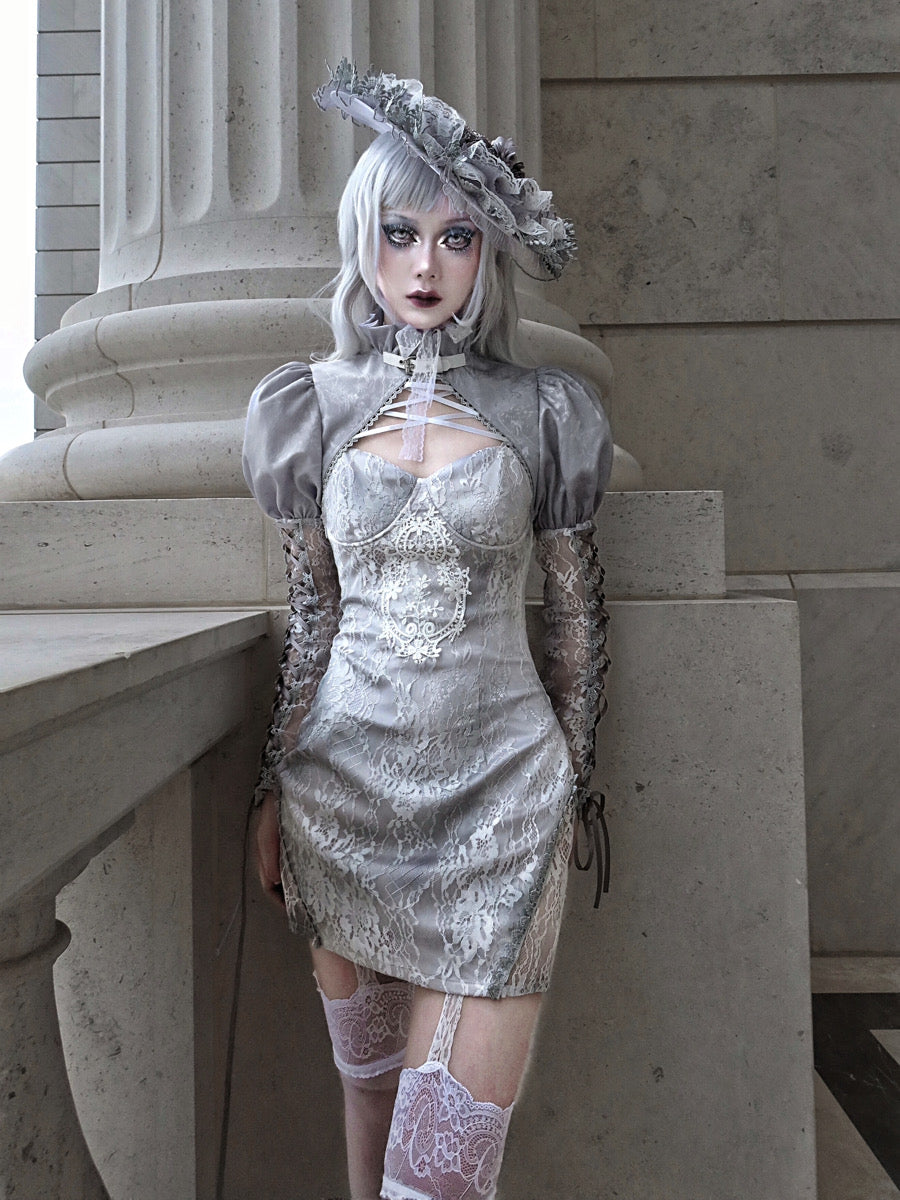 Blood Supply~Rose Funeral~Grey Tie-dyed Lace Lolita Dress   