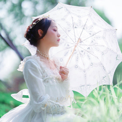Xi Shi Lian Lian~White Hollow Lace Wedding Lolita Parasol   
