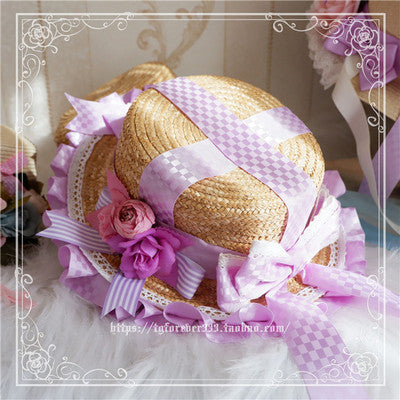 Fox Cherry~Sweet Lolita Bow Straw Hat M（56-58 cm/22-22.8 inches） purple sweet straw hat 