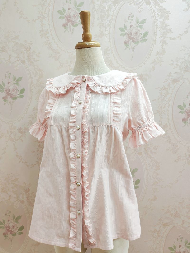 Yilia~J-fashion Short Sleeve Cotton Lolita Blouse XS pink 