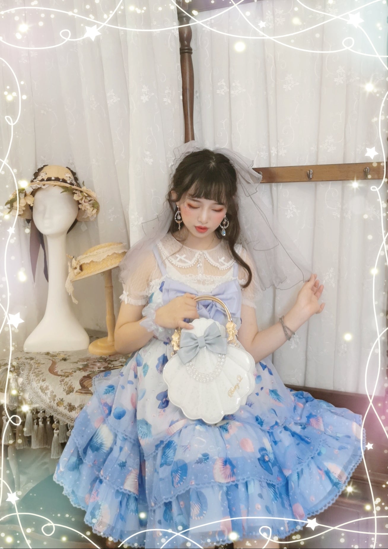 ZeeYe~Monica's Garden~Lagre Organza Lolita Flower Clip sea blue flower clip (with tail)  