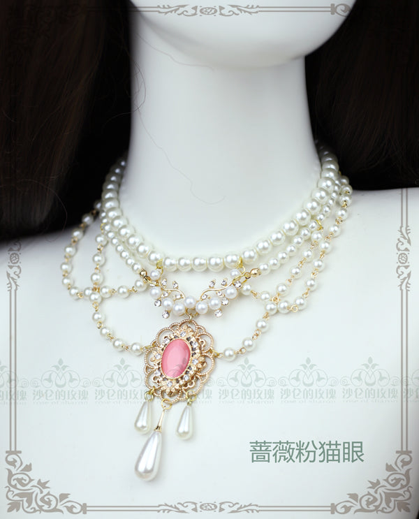 Rose of Sharon - Theresa - Vintage Wedding Lolita Necklace pink opal