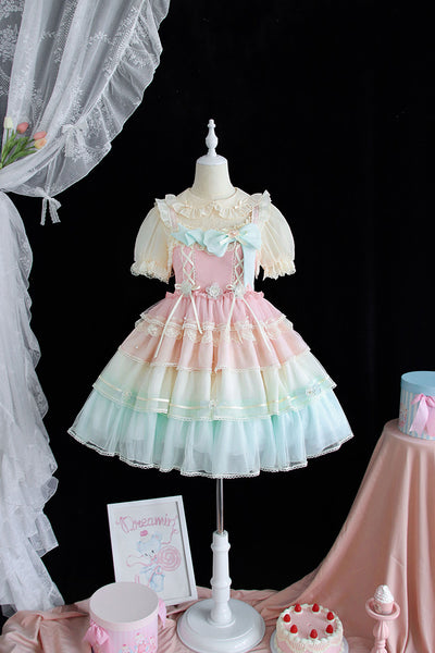 (BuyForMe) Alice Girl~Rainbow Tiered Sweet Lolita JSK Dress XS pink JSK+blouse 