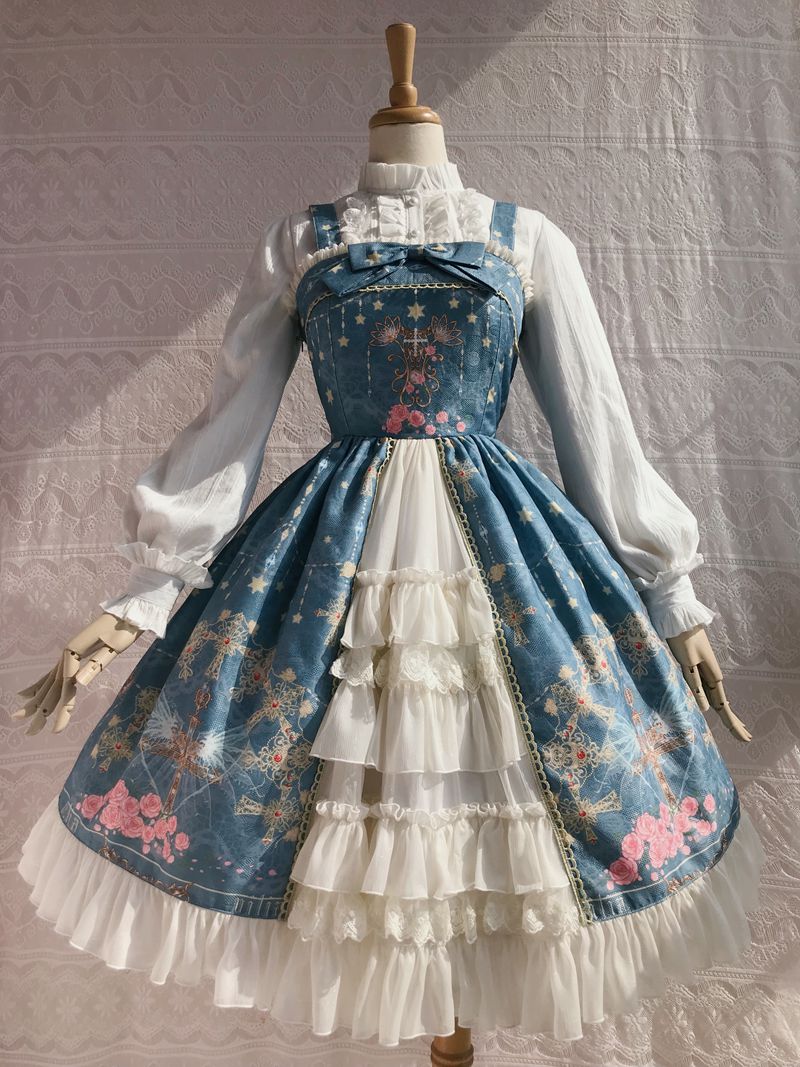 Yilia - Peacock Cross - Printed Winter Classic Lolita JSK XS Peacock Blue
