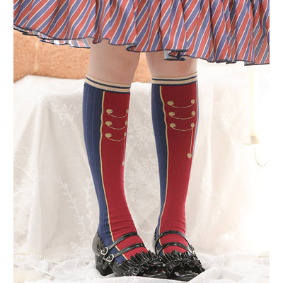 Roji roji~Uniform Middle Tube Cotton Lolita Calf Socks free size navy blue&wine red 