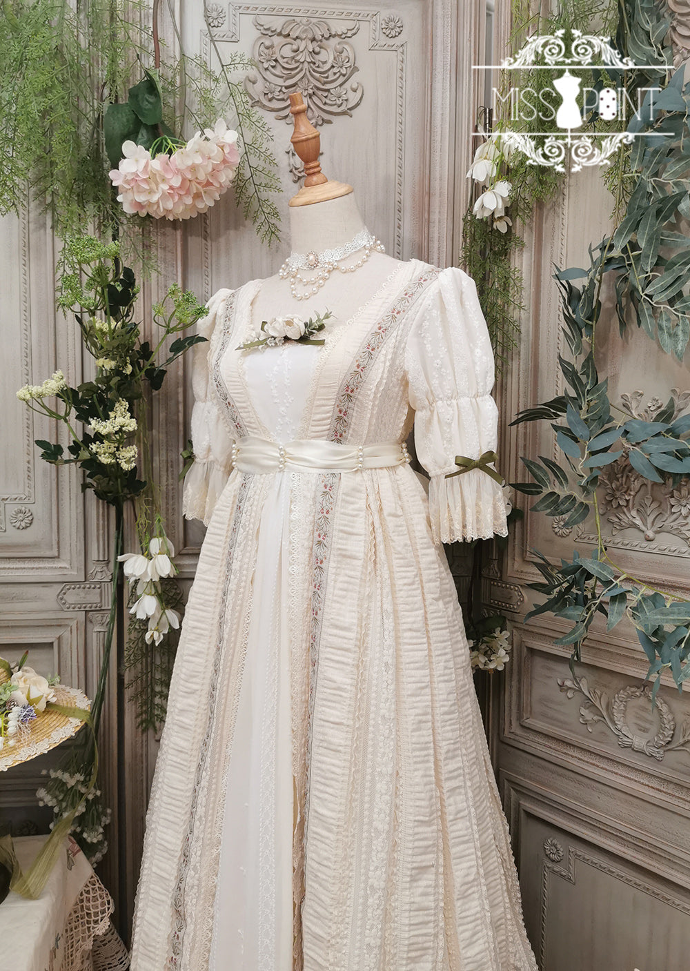 Miss Point~The Sally Gardens~Multicolors Ribbon Lolita Sash milky white ribbon beaded sash 8496:91370