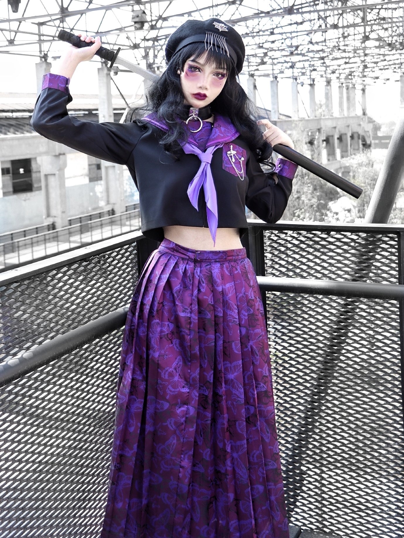 Blood Supply~Missing Purple Butterfly~Dark Purple JK Uniform Sailor Lolita Suit   