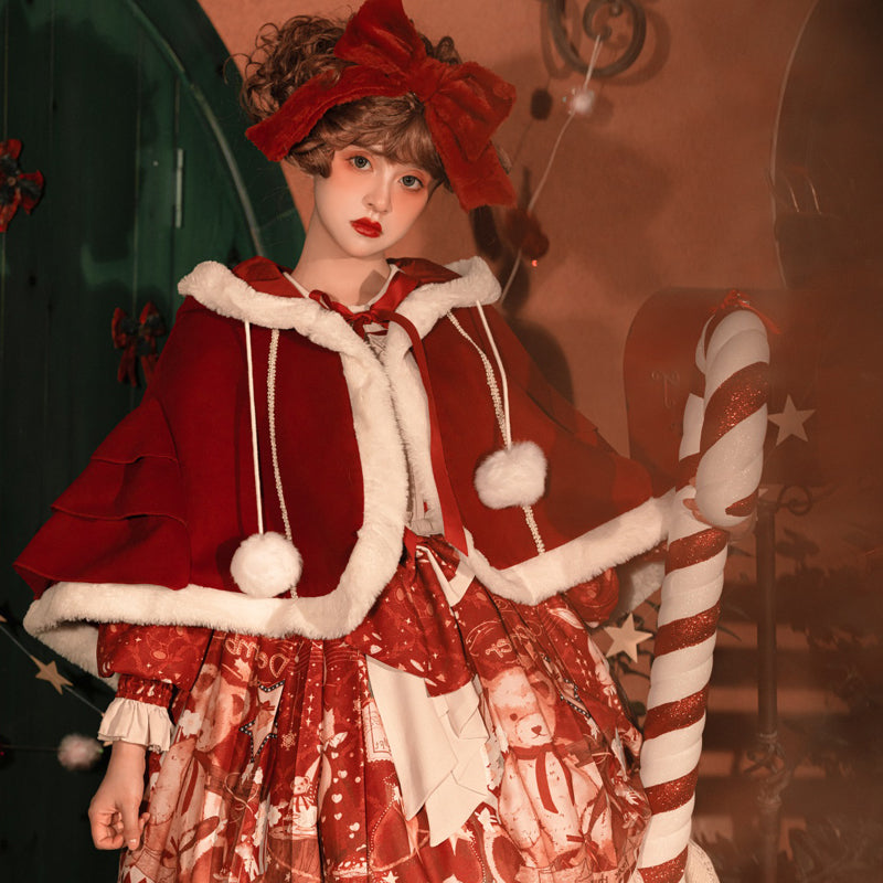 Your Princess~Bear Gift~Kawaii Lolita Christmas Dress and Cape free size OP dress 