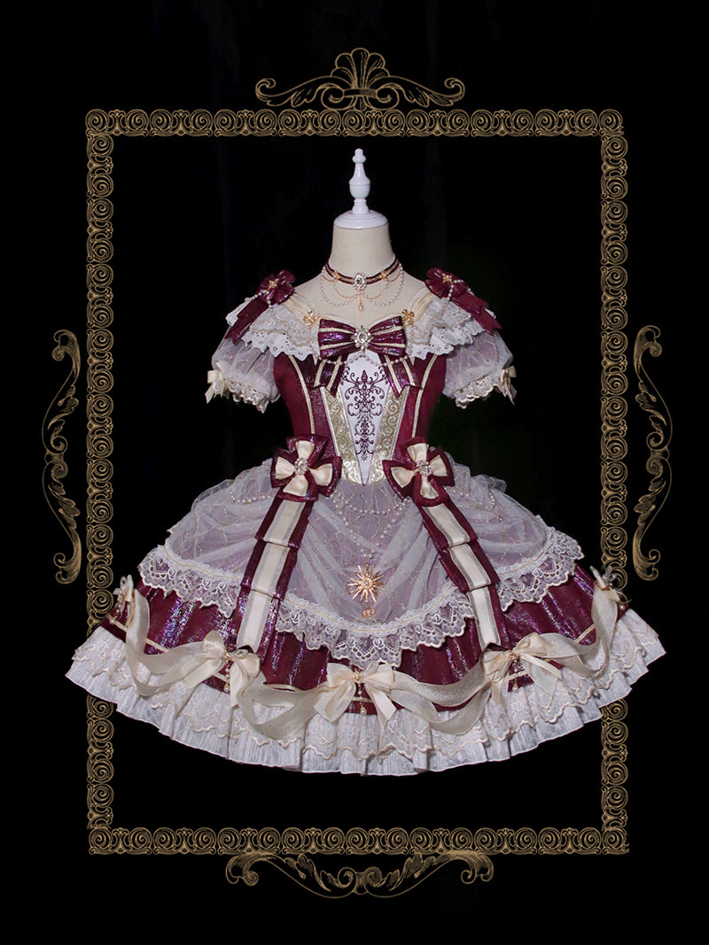 Alice Girl~Palace Retro Lolita Dress~Girl Anniversary Short Sleeve OP wine red (short gorgeous version) S 
