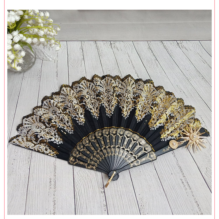 (Buy for me) Cocoa Sauce~Gothic Lolita Lace Gorgeous Folding Fan black fan+gold sun  