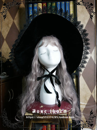Rose Thorn~Black Wizard~Velvet Daily Lolita Hallowen Hat   