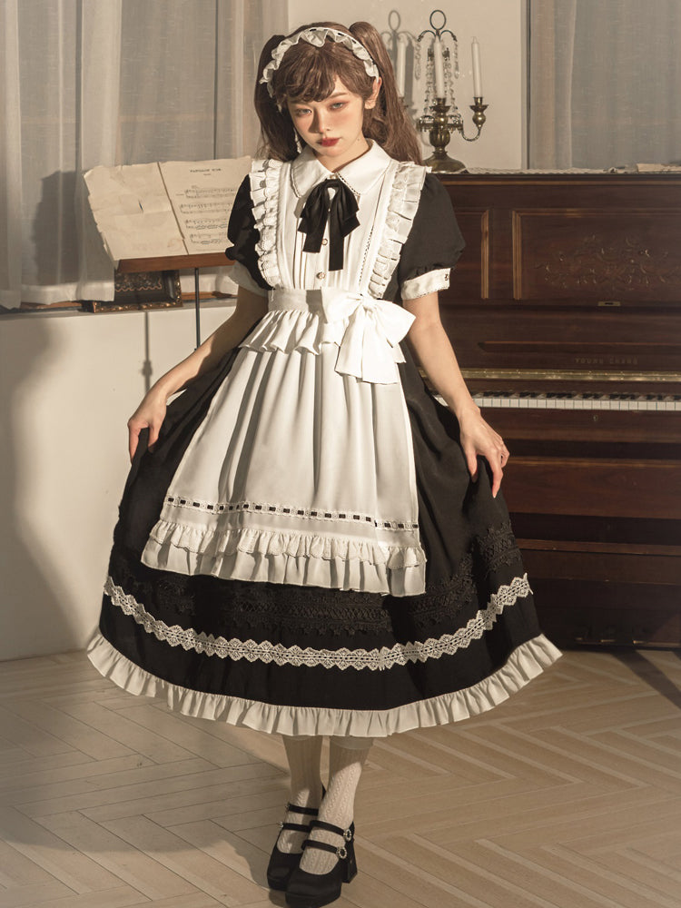 Your Princess - Maid Lolita Puff Sleeve Black Dress S black short sleeve dress+apron+hairband+petticoat