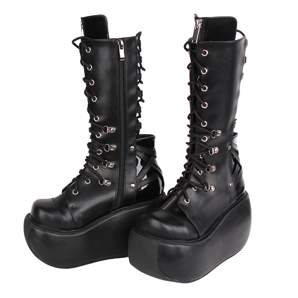 Angelic Imprint~Punk Lolita Black Lace-up Boots   