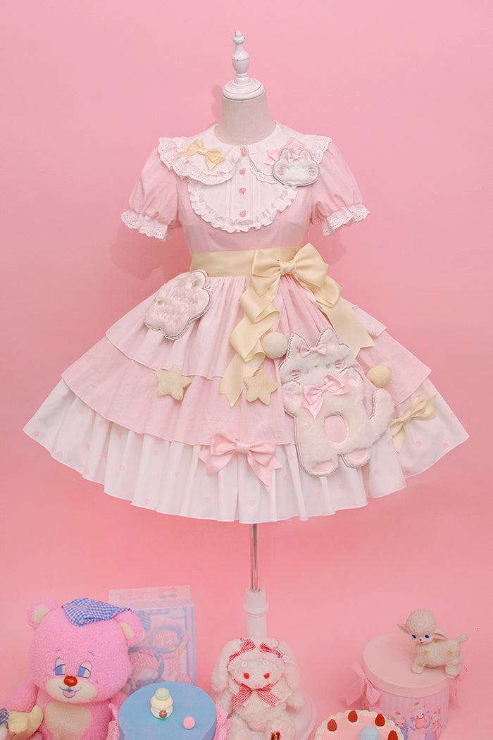 Alice Girl~Sweet Lolita Dress~Candy Cat OP Dress XS pink-white（OP only） 