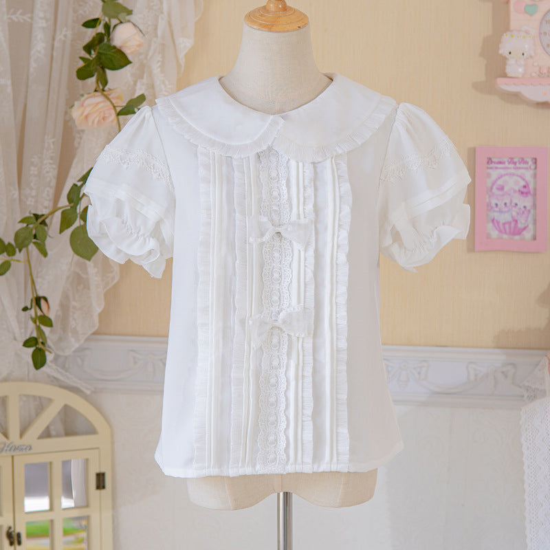 Eieyomi~Strawberry Cake Bear~Kawaii Lolita SK and Blouse S white short sleeve blouse 