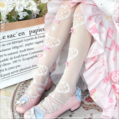 Roji roji - Super Thin Summer Lolita Knee Socks over knee socks pink plaid bow on white ground